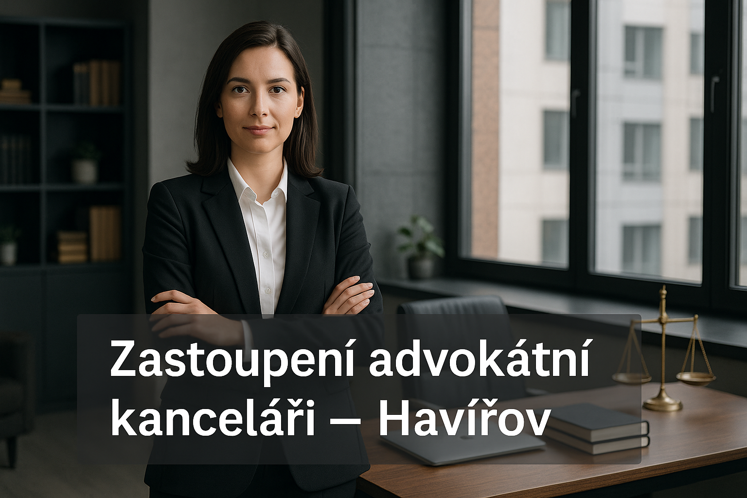 E-shop Modion.cz je profesionálně zastoupen advokátní kanceláří v Havířově. Fotografie zachycuje právničku v elegantní kanceláři, která symbolizuje právní ochranu, důvěryhodnost a odpovědný přístup k online podnikán